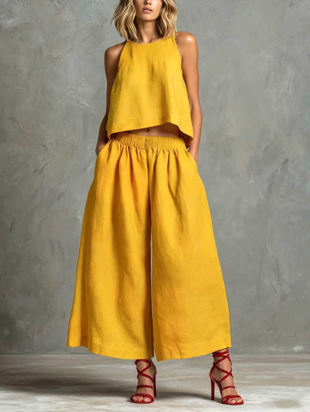 Loose Laid-back Linen Vest And Wide-leg Pants Set by Ricaloux