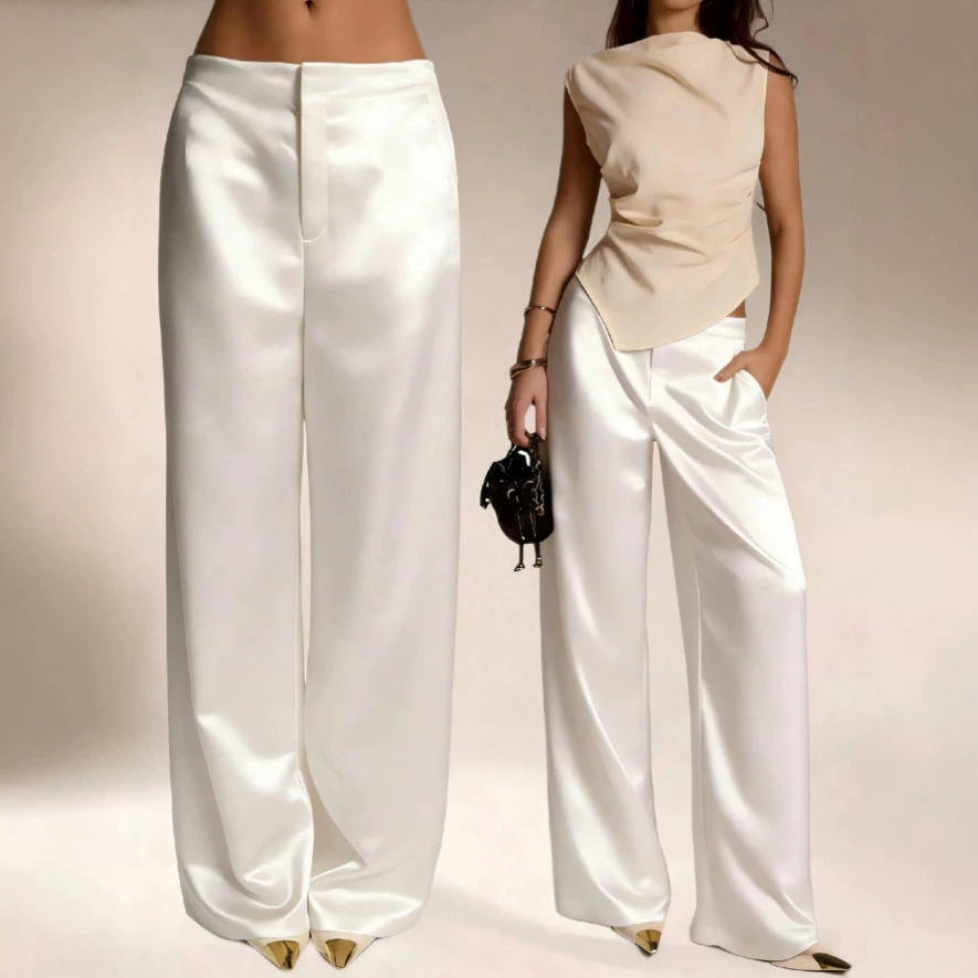 Womens Casual Solid-color Satin Wide-leg Pants by Ricaloux
