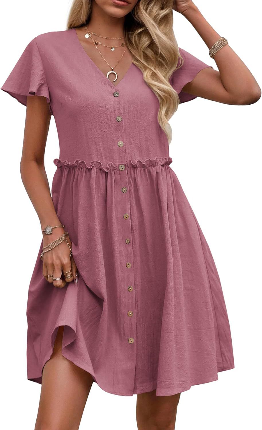 Bohemian-style Vacation V-neck Short-sleeve Ruffled Womens Dress by Ricaloux
