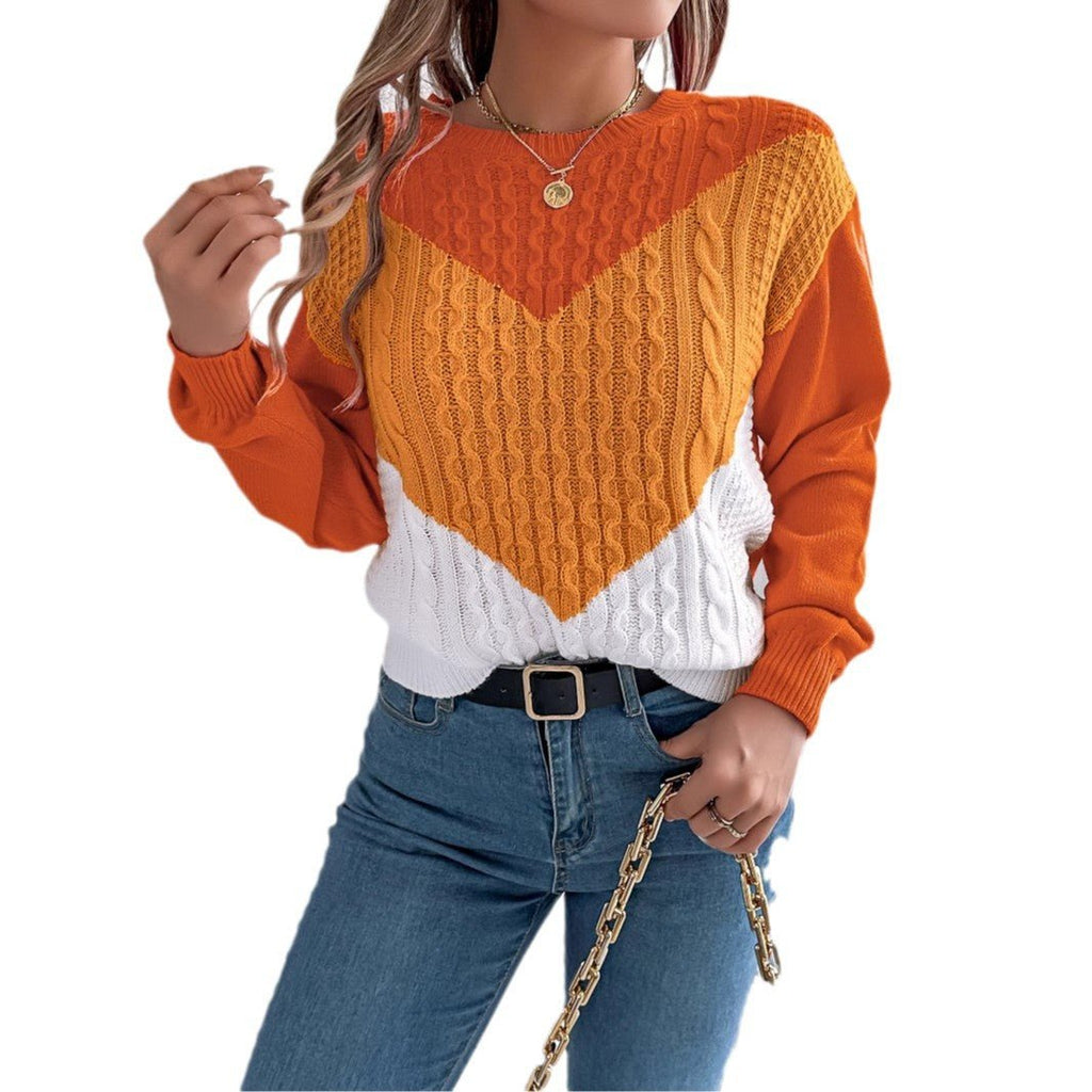 Color Matching Twist Lantern Sleeve Pullover Sweaters Women's Clothing - RICALOUX