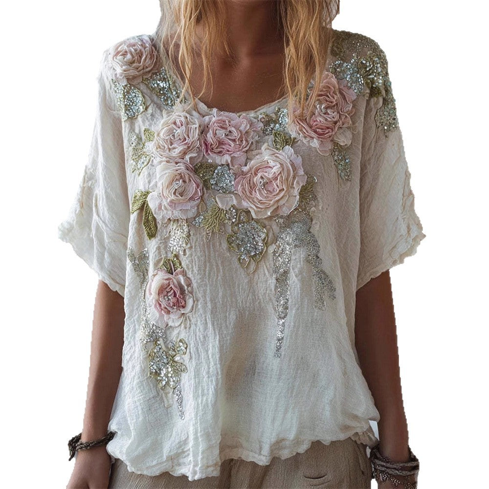 New Womens Short-sleeved Drop-shoulder Top With Faux Jacquard Design by Ricaloux