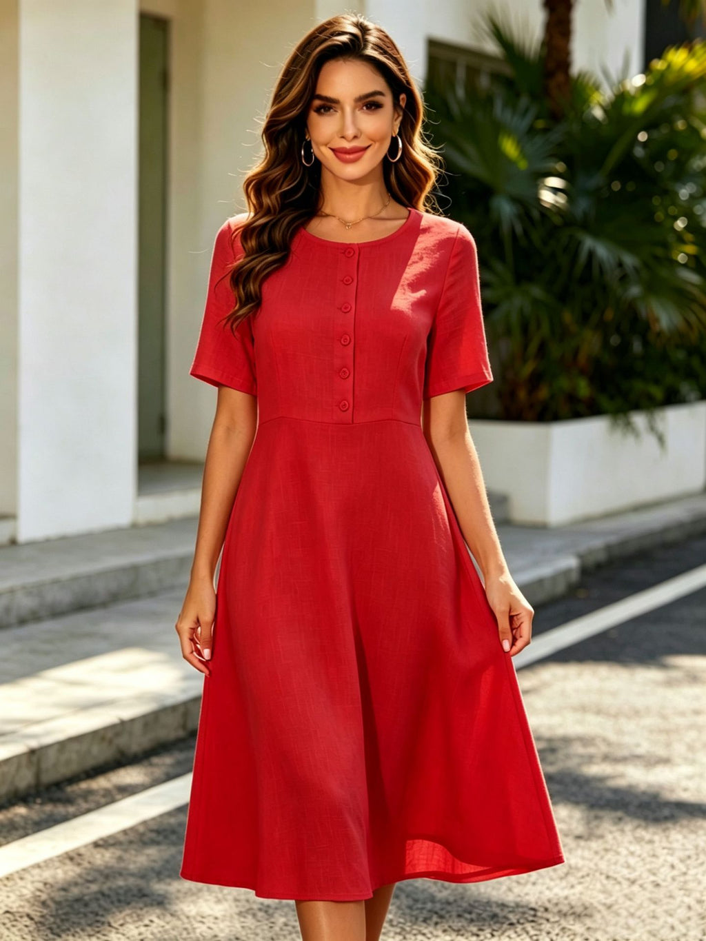 Elegant Round-neck Short-sleeve Buttoned A-line Dress With A Fitted Waist For Workwear by Ricaloux