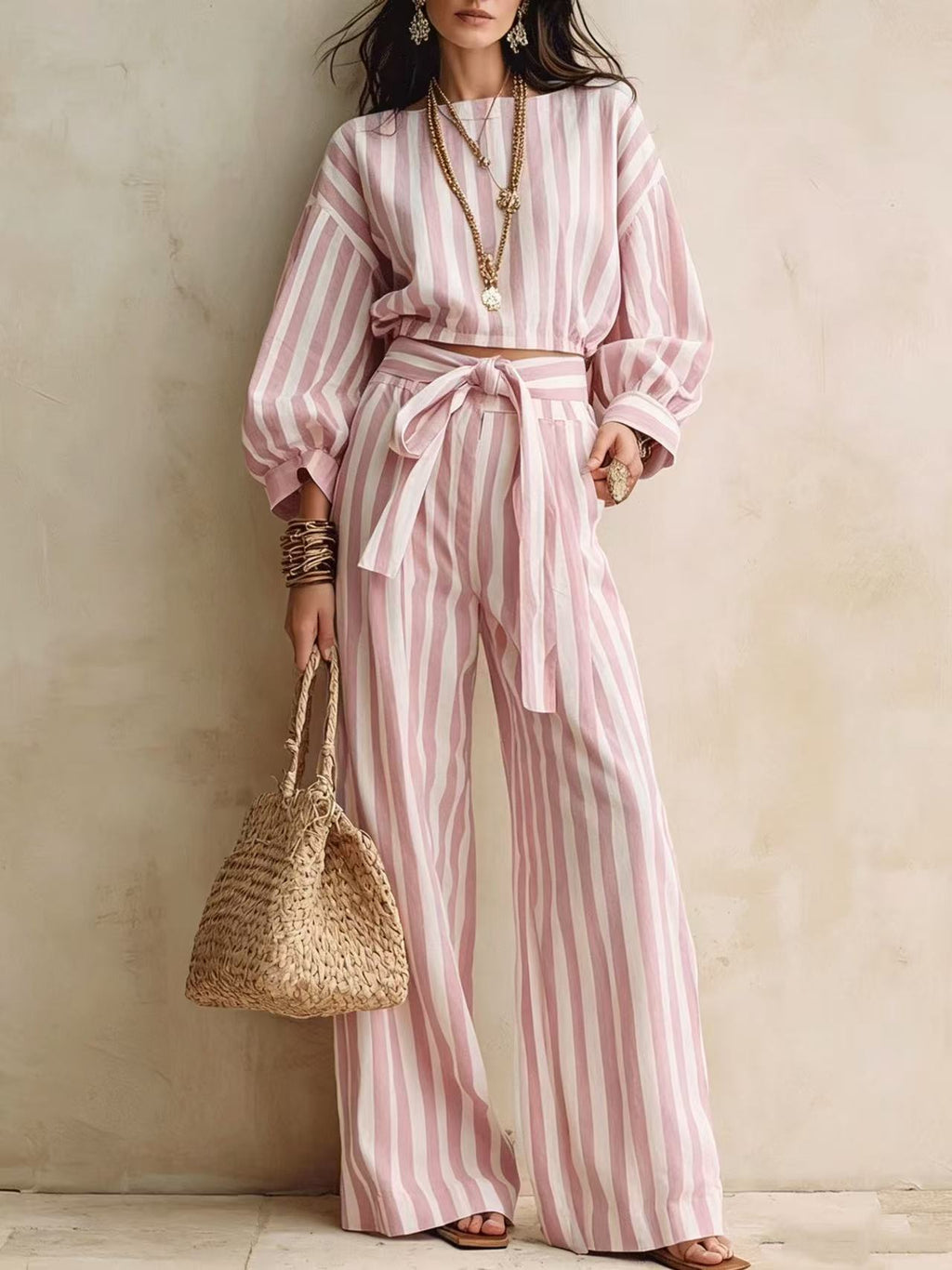 Womens Striped Cropped Top And Casual Lace-up Wide-leg Pants Set by Ricaloux