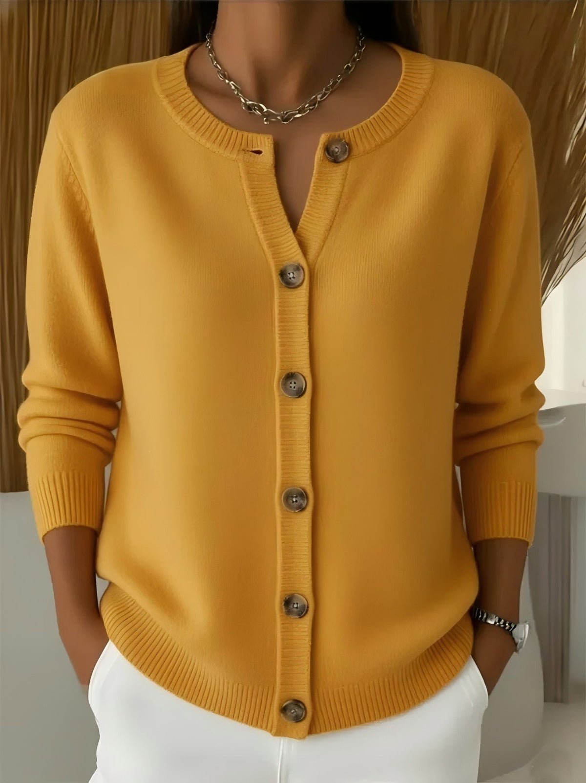 Womens Button-front Cardigan With A Round Neckline Loose-fit Knit Jacket – Premium 0 | RICALOUX
