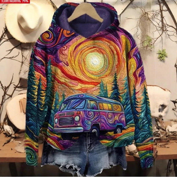 Womens Crew-Neck Pullover Casual Sweatshirt With 3D Hooded Print by Ricaloux