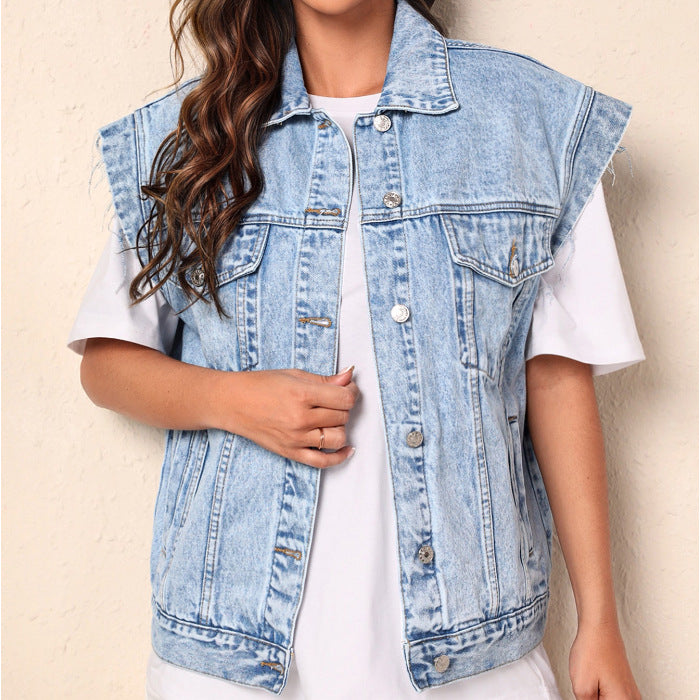 Womens Minimalist Casual Chic Denim Jacket Vest by Ricaloux