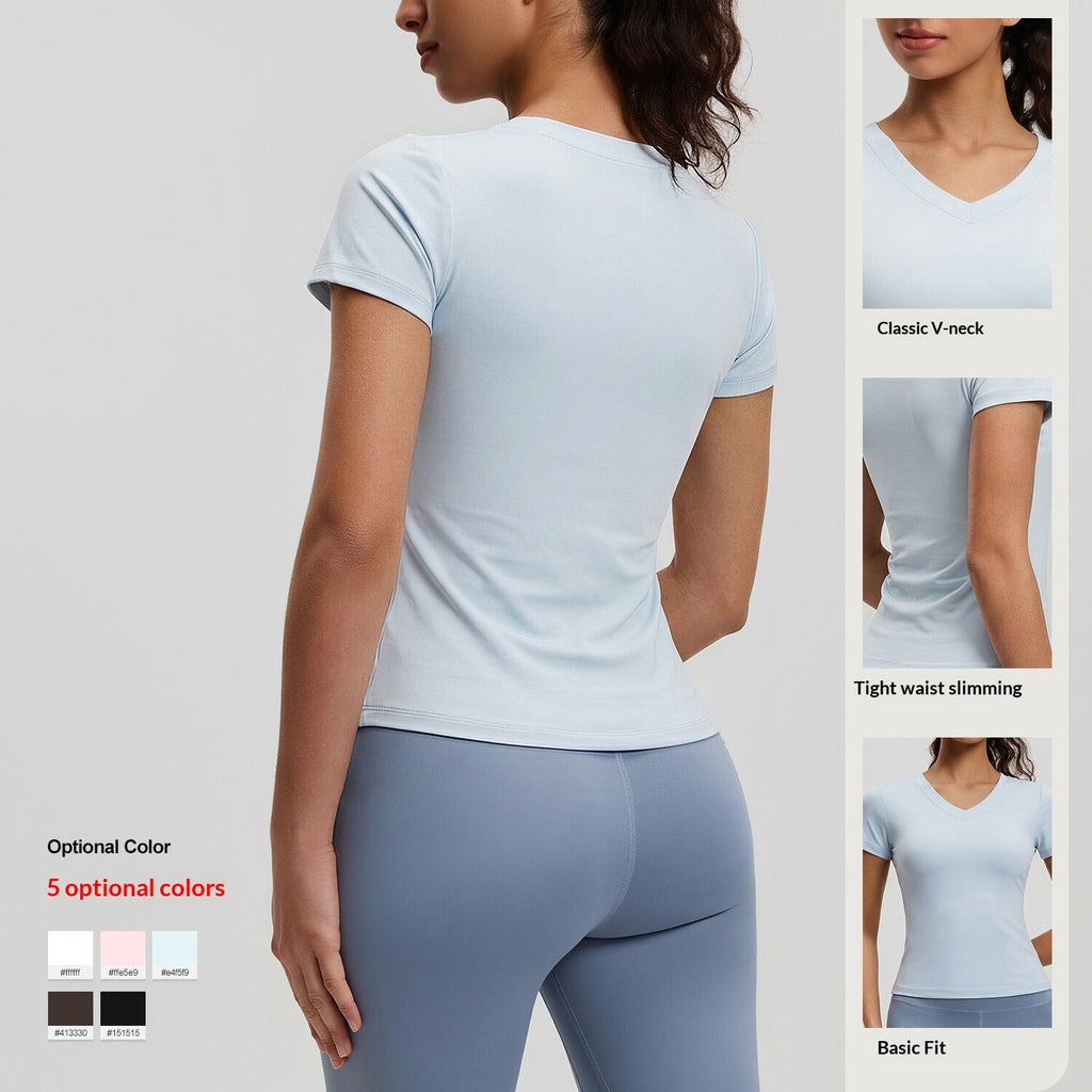 Peach Basic V-neck Short Sleeve Sports Top, Breathable Slim-fit Yoga Shirt For Fitness And Running – Premium 4 | RICALOUX