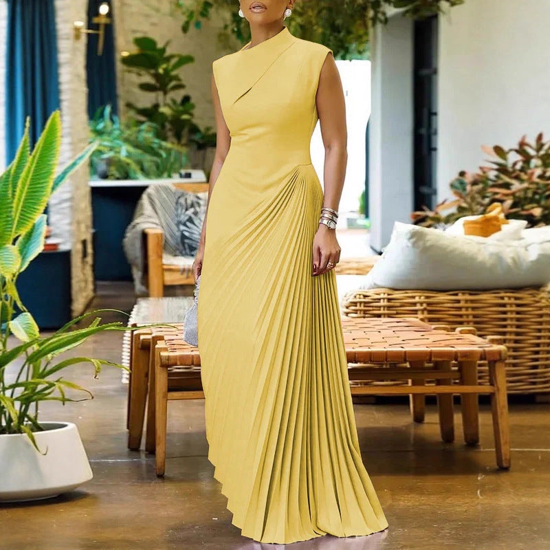 Womens Solid Color Sleeveless Solid-Color Pleated Dress – Premium 0 | RICALOUX