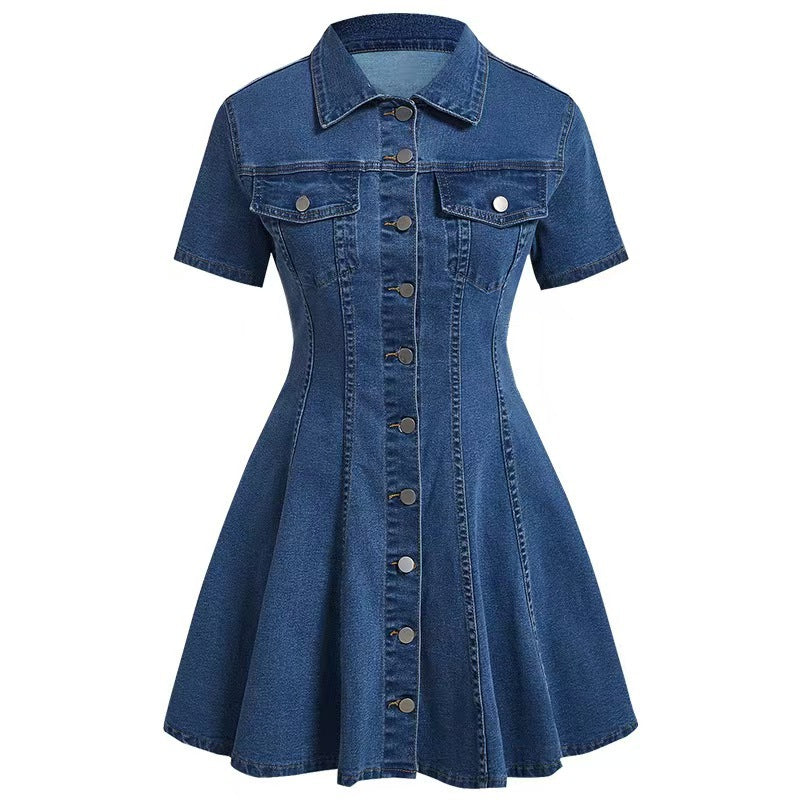 Denim Short-sleeve Cardigan Waist-cinching Dress – Premium 0 | RICALOUX