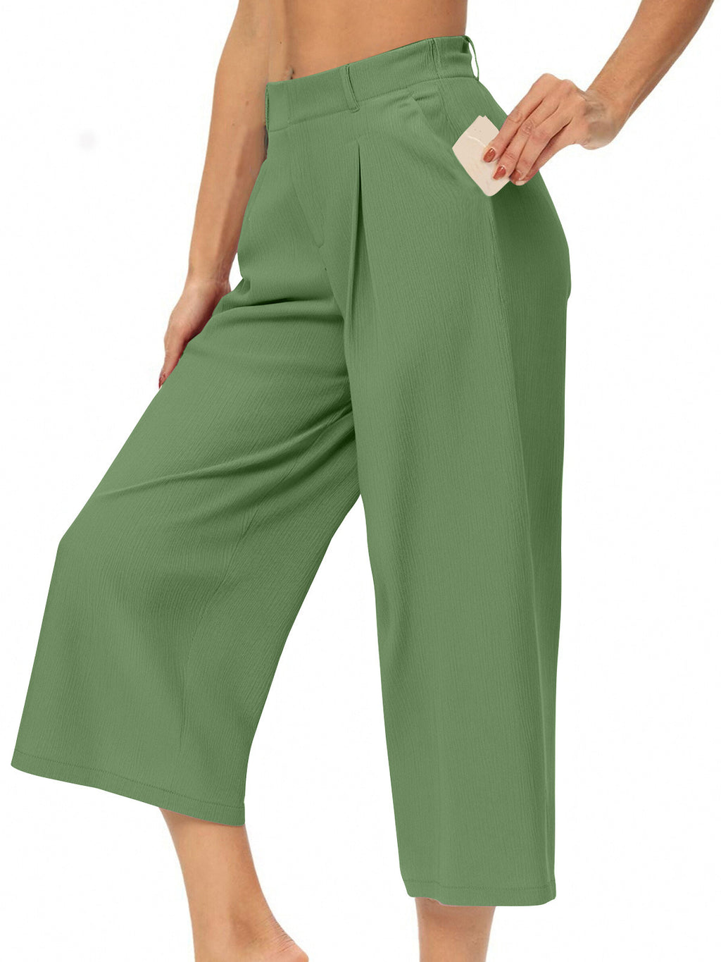Womens Summer Solid-Color Casual High-Waisted Wide-Leg Cropped Trousers With Side Pockets by Ricaloux