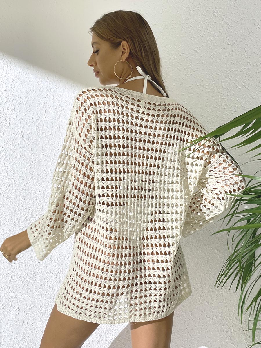 New Summer Women Knit Hollow Out Beach Dress, Crew Neck Long Sleeve Pullover Bikini Cover Up For Europe & America by Ricaloux