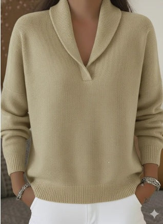 Fashionable Solid-color V-neck Long-sleeve Loose-fit Pullover by Ricaloux
