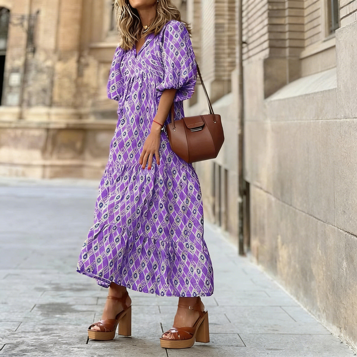 Womens Loose Long-Sleeve Dress With Floral Print And Puffed Sleeves Style For Europe And America by Ricaloux