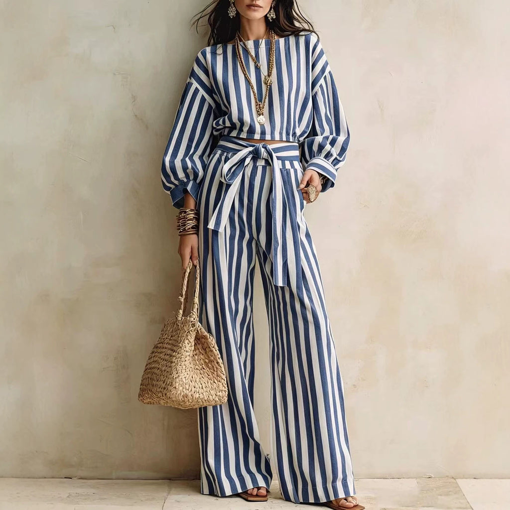 Womens Striped Cropped Top And Casual Lace-up Wide-leg Pants Set – Premium 0 | RICALOUX