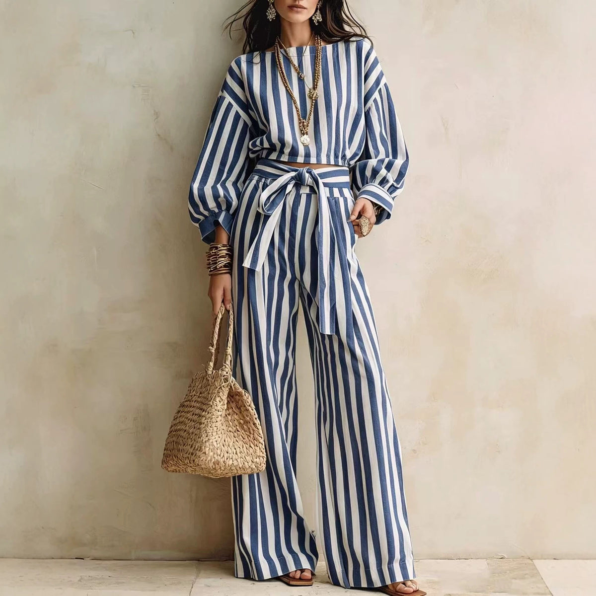 Womens Striped Cropped Top And Casual Lace-up Wide-leg Pants Set – Premium 0 | RICALOUX