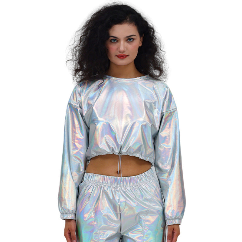 Long Sleeve Round Neck Drawstring Embossed Shiny Leather Sweatshirt – Premium 0 | RICALOUX
