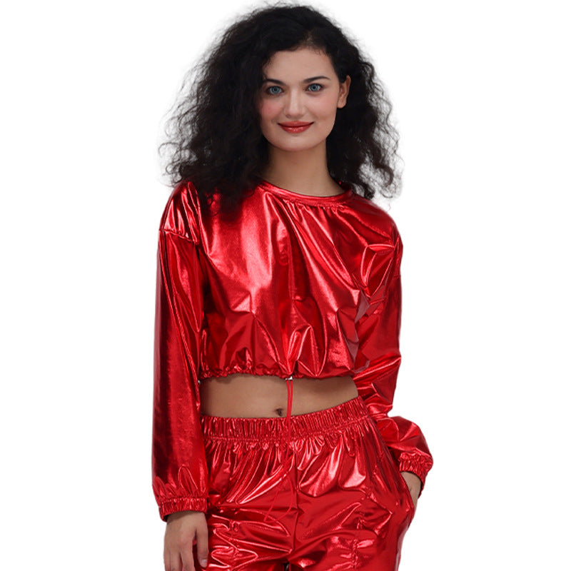 Long Sleeve Round Neck Drawstring Embossed Shiny Leather Sweatshirt by Ricaloux