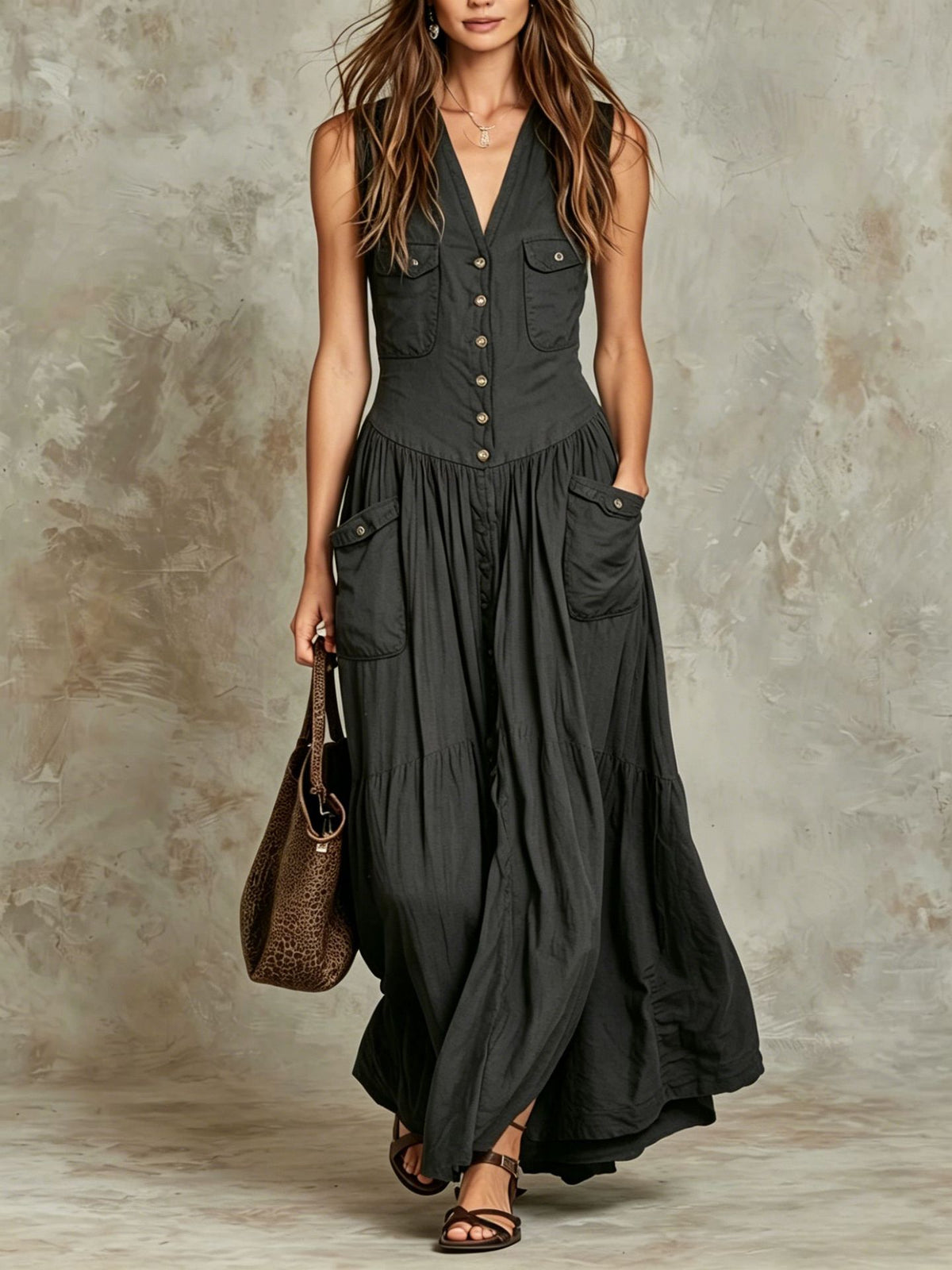 Relaxed-fit Sleeveless Casual V-neck Vintage Dress With Buttons by Ricaloux