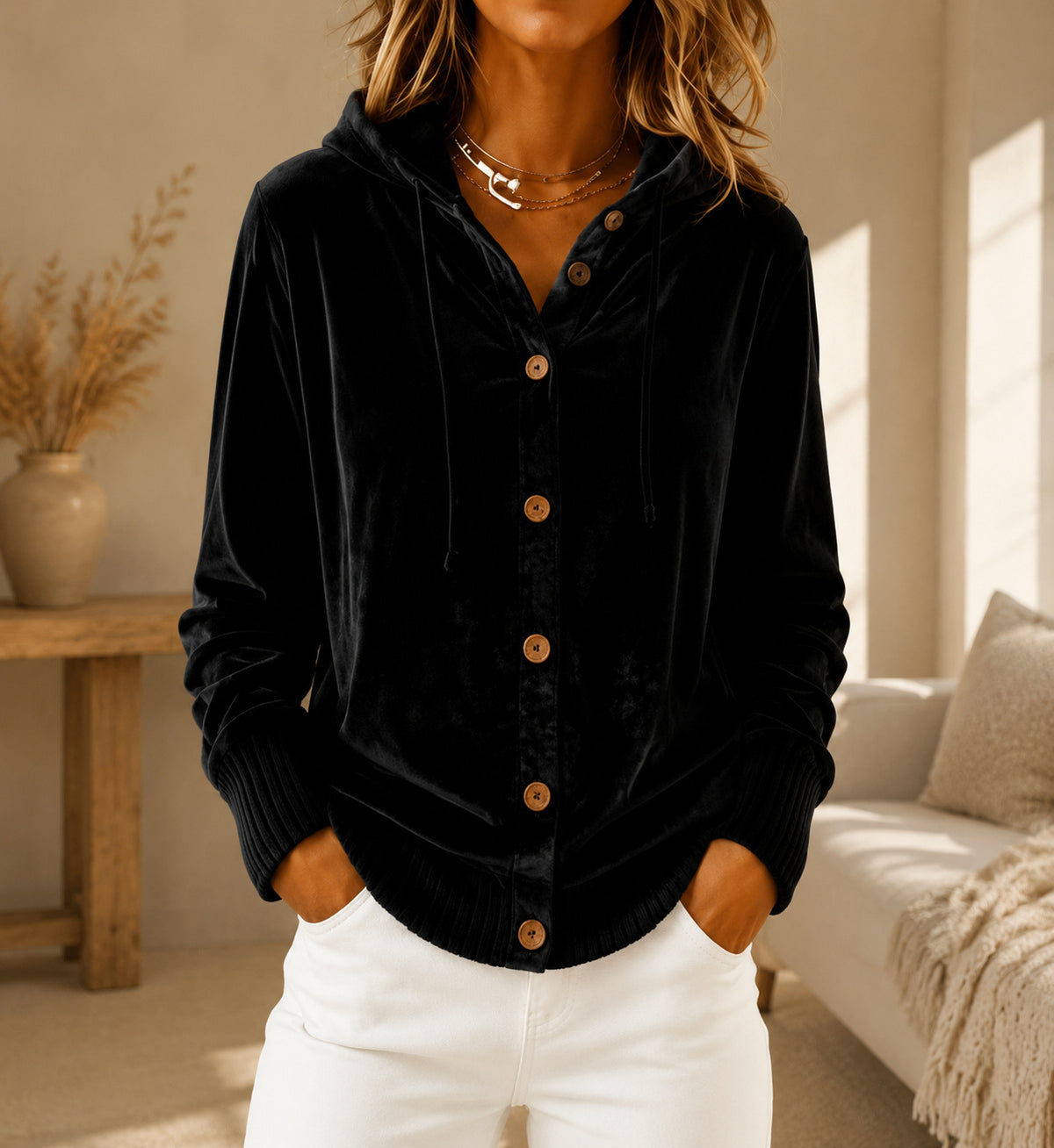 Buttoned Velvet Hooded Cardigan Solid-Color Coat For Women – Premium 0 | RICALOUX