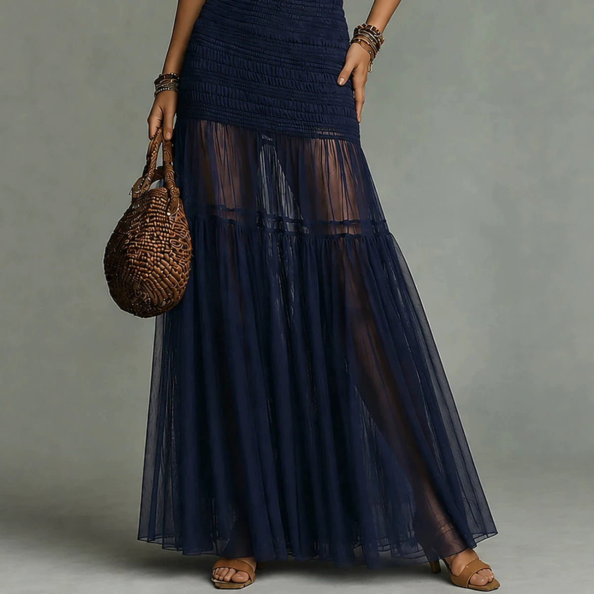 Deep-V Pleated Waist-cinching Sheer Mesh Maxi Dress – Premium 0 | RICALOUX