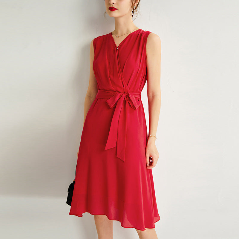 French-style V-neck Sleeveless Silk Waist-cinching Dress by Ricaloux