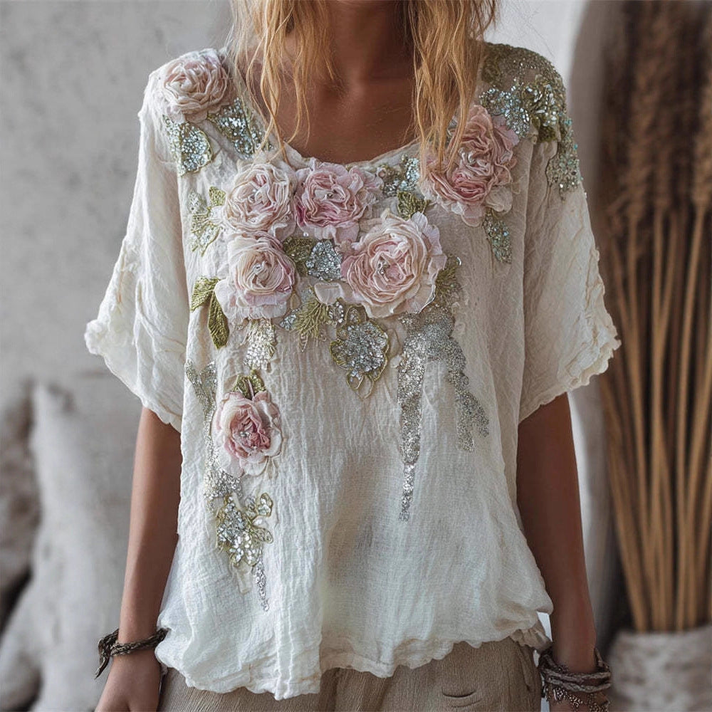 New Womens Short-sleeved Drop-shoulder Top With Faux Jacquard Design by Ricaloux