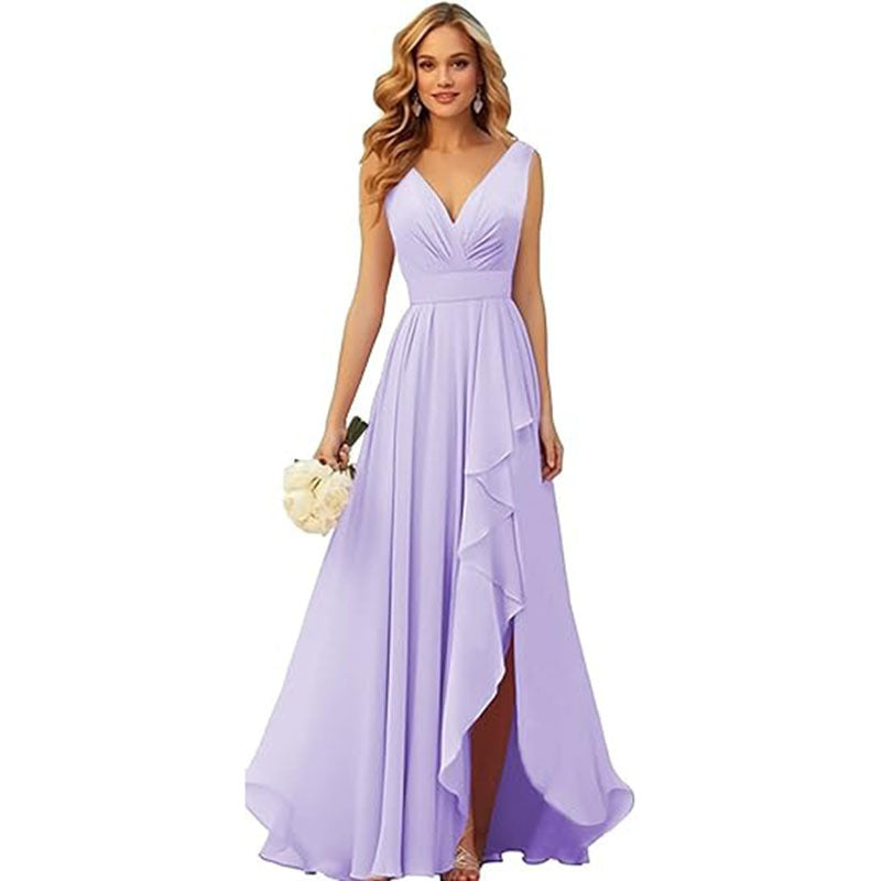 V-neck Pleated Slit Chiffon Dress With Tie Straps – Premium 0 | RICALOUX