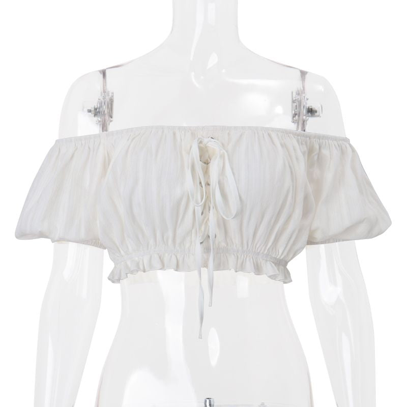 Street Girl Style One-shoulder Pleated Bubble Short-sleeved Shirt by Ricaloux