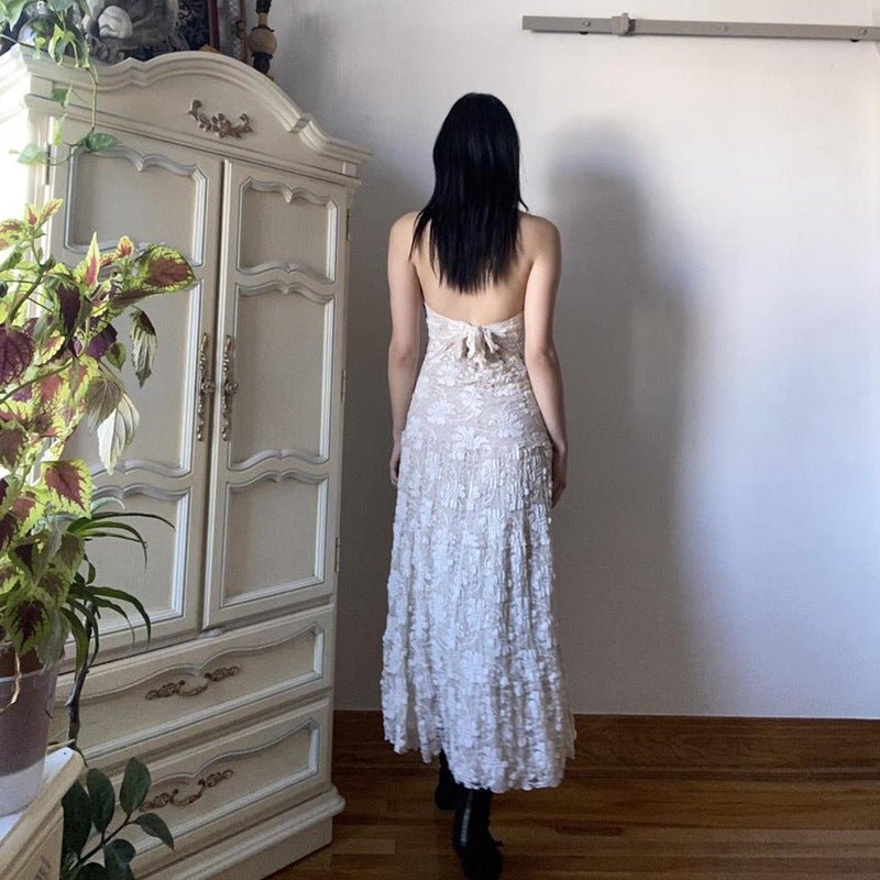 Temperament Pure Color Lace Stitching Sleeveless Halter Backless Lace-up Dress - RICALOUX