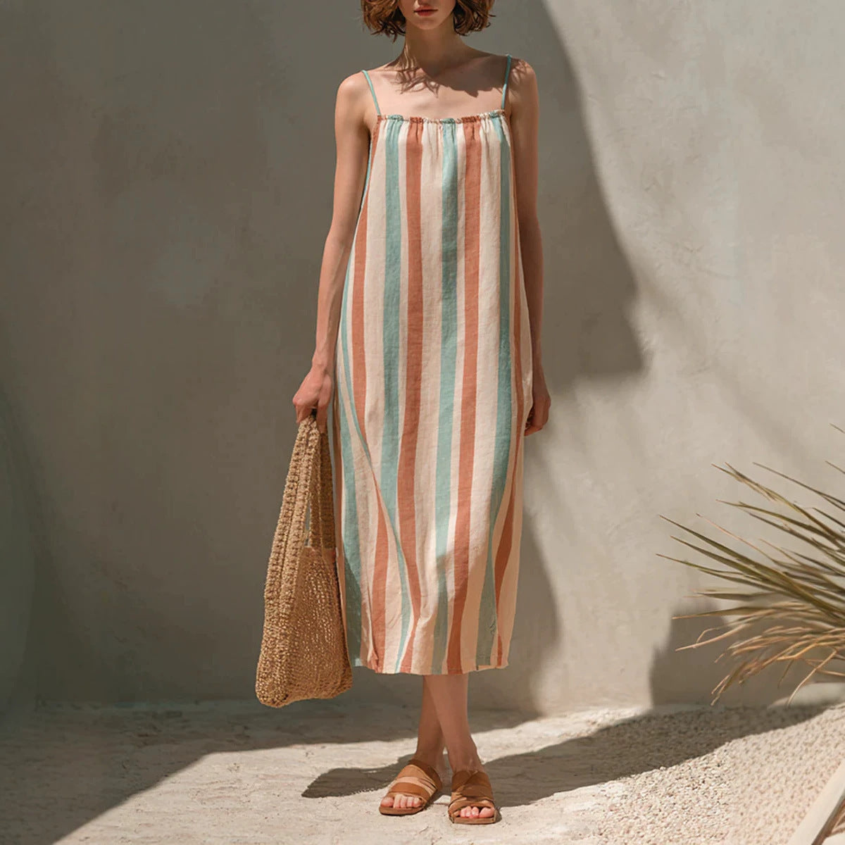 Womens Minimalist Striped Strap Midi Dress by Ricaloux