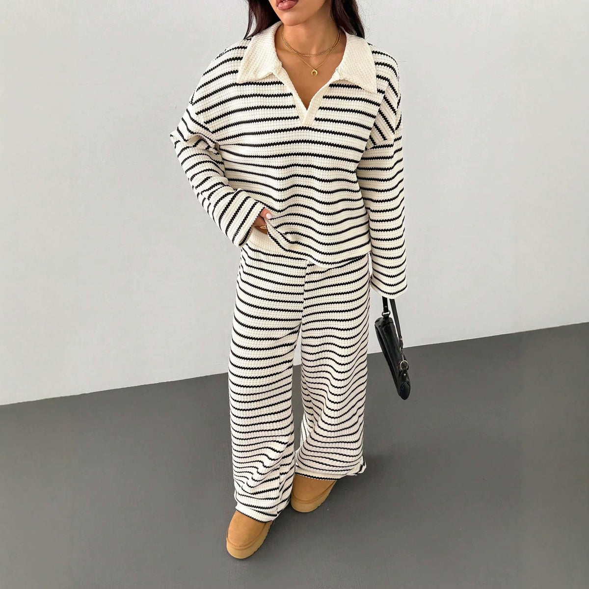 Striped Knitted Color-Block Long-Sleeve Top And Pants Casual Set – Premium 0 | RICALOUX