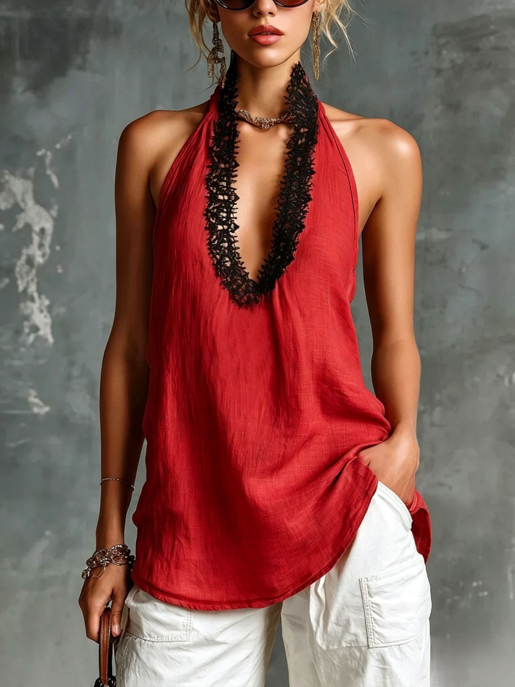 V-neck Sleeveless Halter Lace-trimmed Cotton-linen Vest by Ricaloux