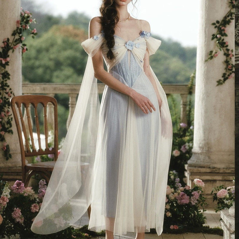 Forest-style Elfin Blue-and-white Gradient Long Dress Off-shoulder Design by Ricaloux