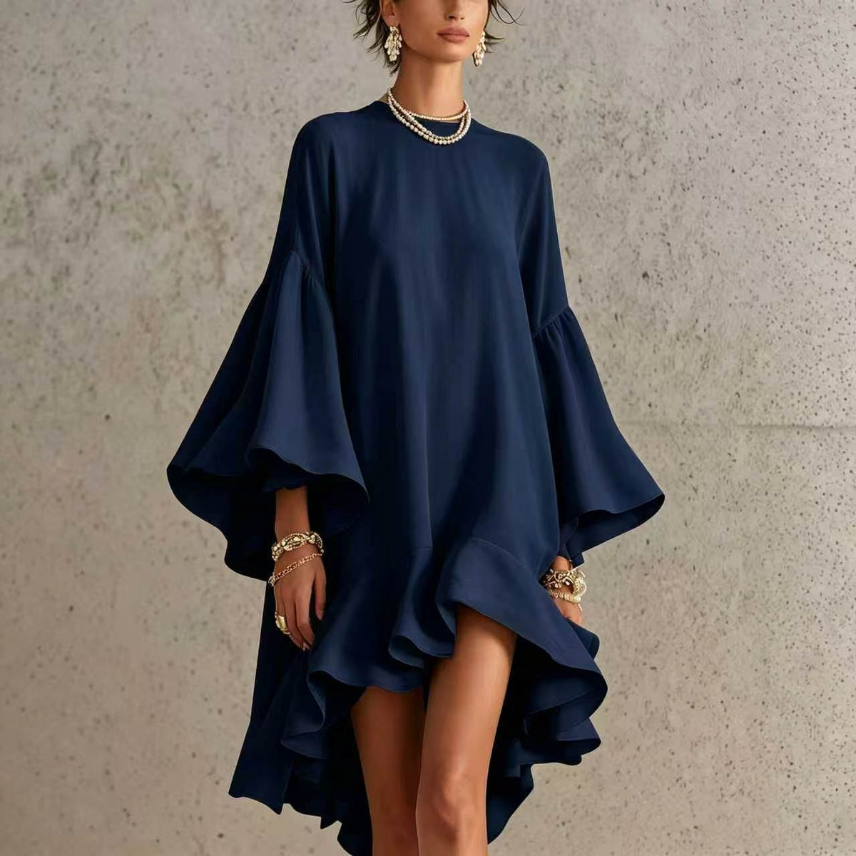 Asymmetrical Round-neck Dress With Puff Sleeves And Ruffled Trim by Ricaloux