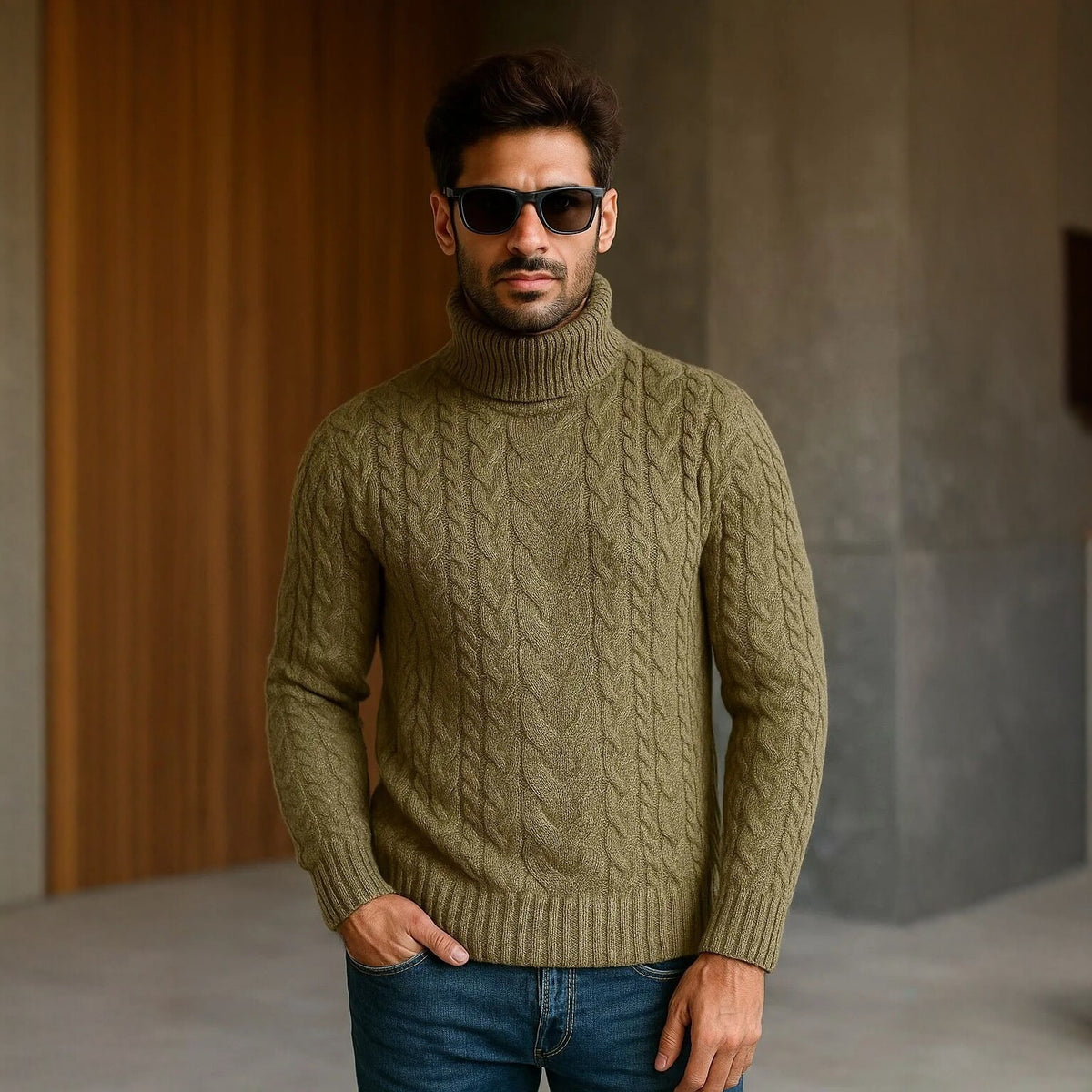 Mens Turtleneck Cable-Knit Sweater In Plus Sizes by Ricaloux