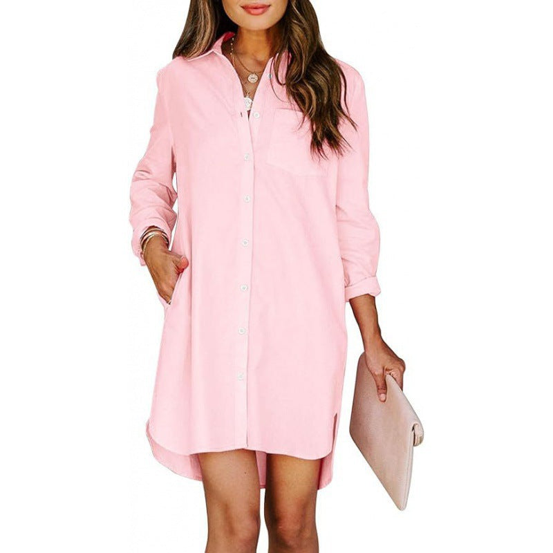 Pocketed Cotton-buttoned Belted Long-sleeved Solid-color High-low Blouse by Ricaloux