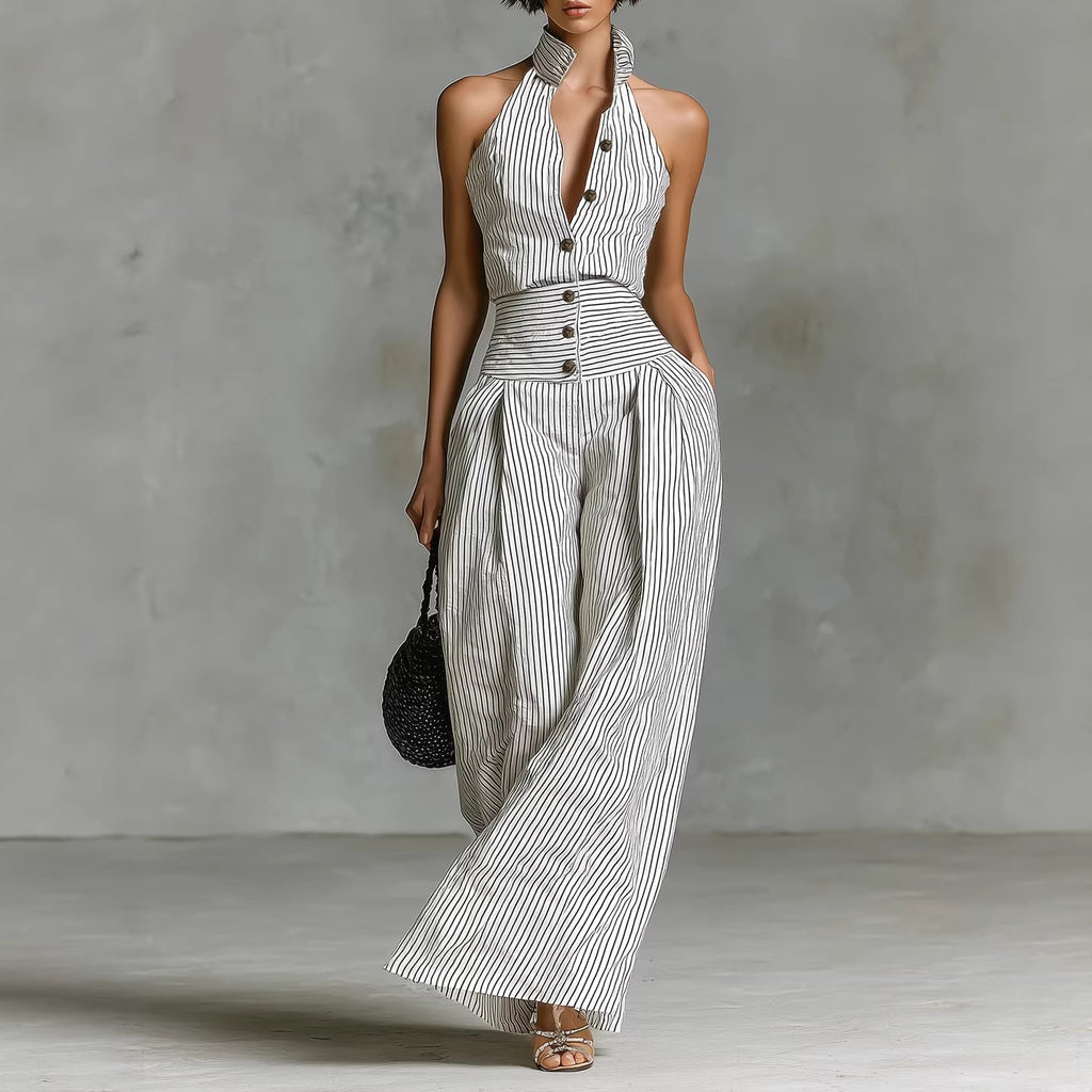 Button-front Sleeveless Shirt High-waisted Wide-leg Slim-fit Jumpsuit by Ricaloux