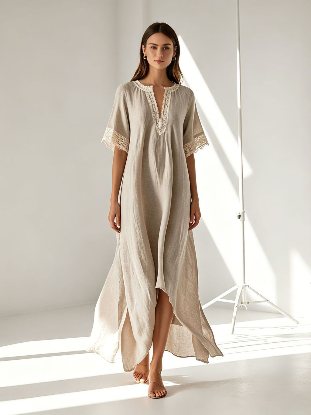 V-neck Short-sleeve Slit Bohemian Resort Dress by Ricaloux