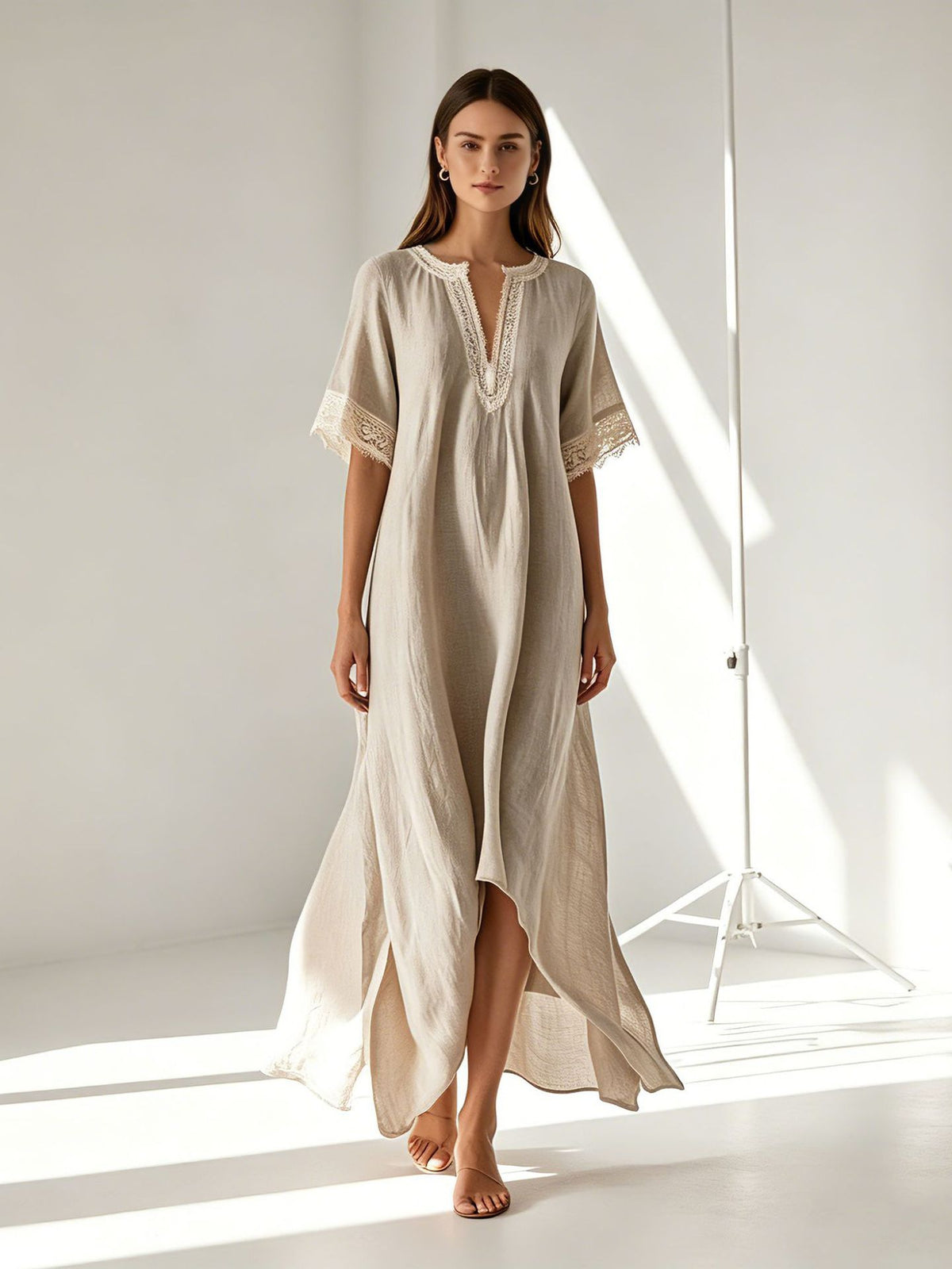 V-neck Short-sleeve Slit Bohemian Resort Dress by Ricaloux
