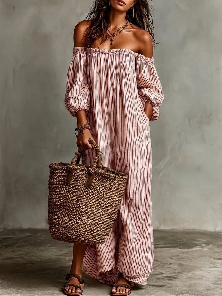 Striped Loose Casual Off Shoulder Sweet Dress With Pockets – Premium 4 | RICALOUX