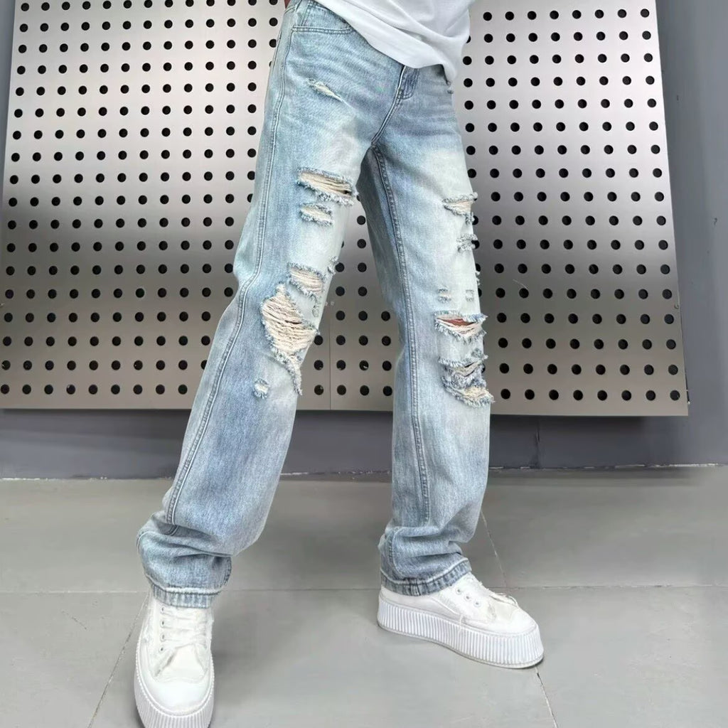 Fumei Personalized Perforated Design Denim Casual Versatile High Street Straight Leg Pants – Premium 0 | RICALOUX