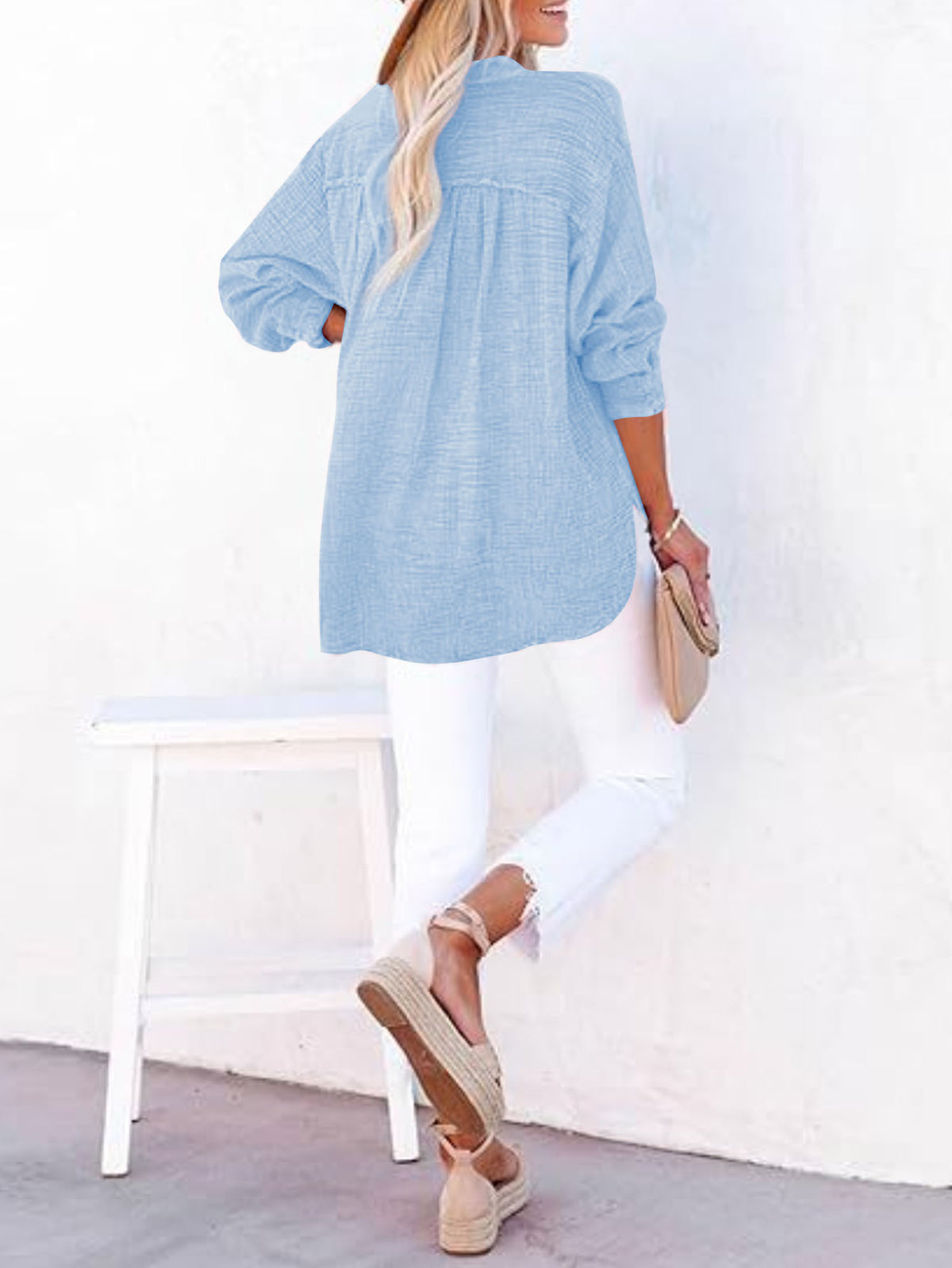 Women's Casual V-Neck Long Sleeve Blouse - Loose Fit Textured Cotton Henley Shirt For Summer – Premium 4 | RICALOUX