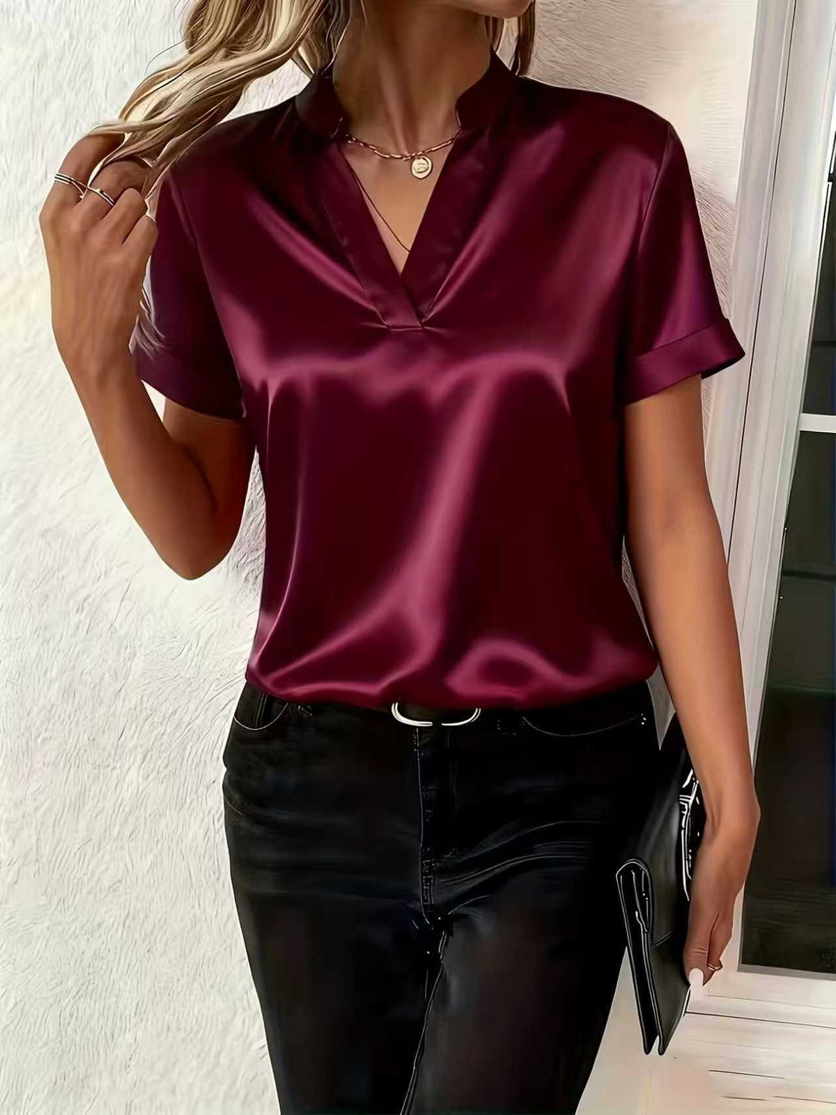 Women's Satin V-Neck Short Sleeve Blouse - Elegant Stand Collar Office Wear Top, Multiple Colors Available – Premium 4 | RICALOUX