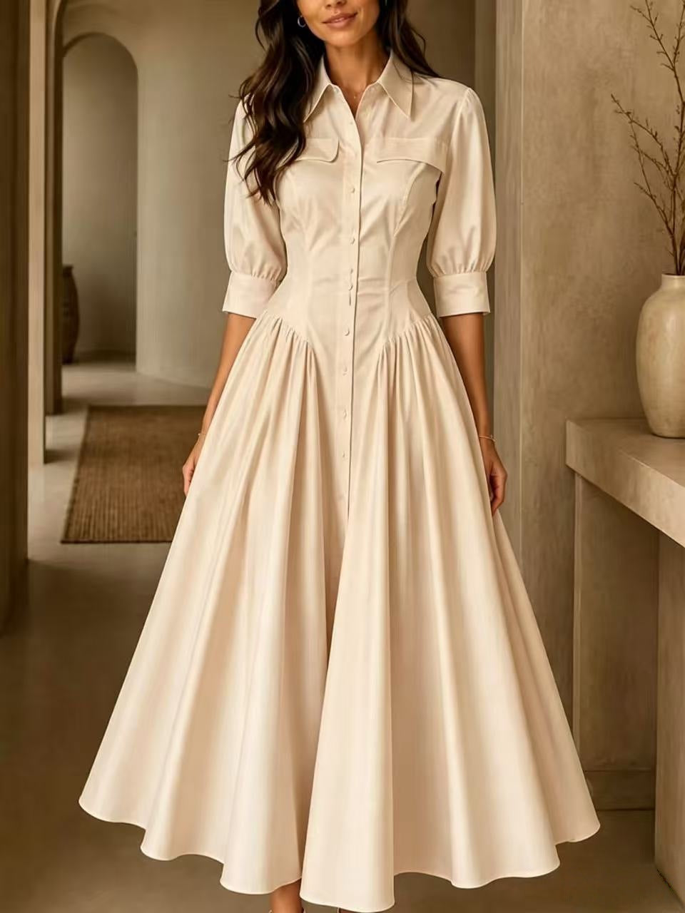 Cotton-linen Blend Single-breasted High-waisted Solid-color Dress by Ricaloux