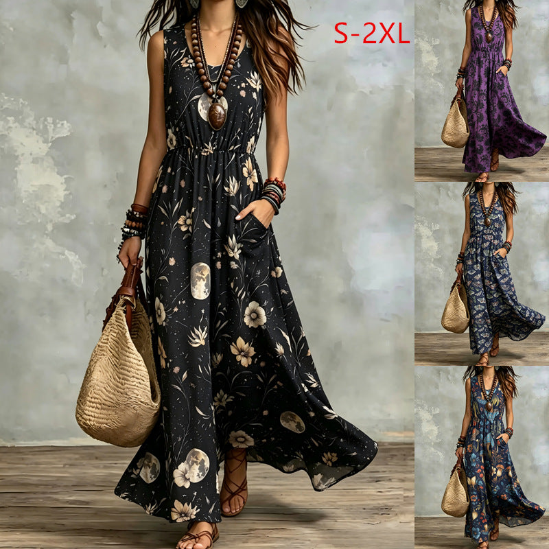 Elegant Sleeveless Printed Long Dress With Pockets by Ricaloux