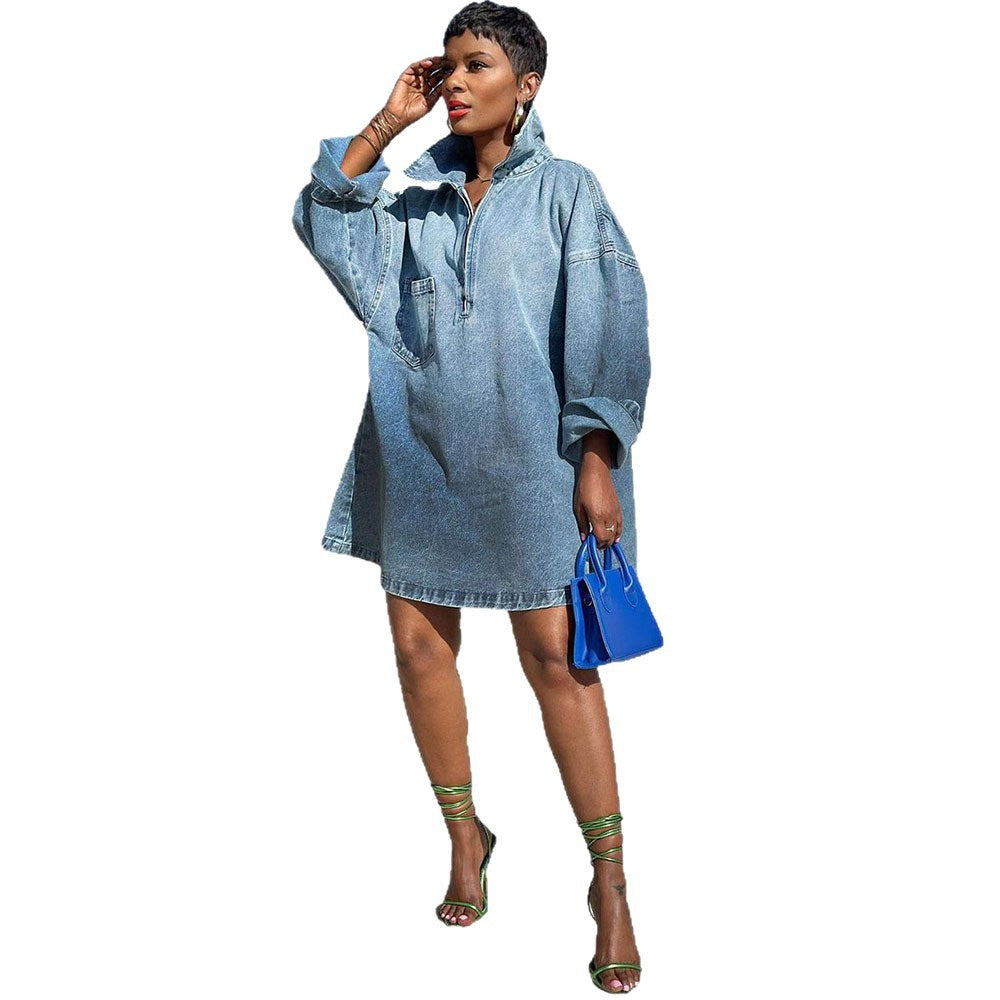 Womens Relaxed-Style Fashionable Denim Skirt With Notch Lapel Ombre Long Sleeves by Ricaloux