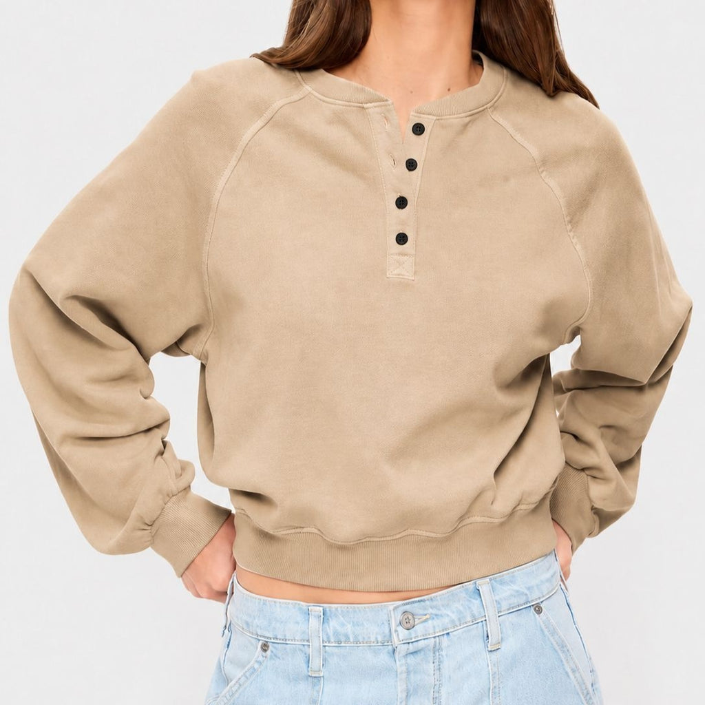 Womens Crew-neck Button-up Sweatshirt Loose-fit Casual Cropped Top by Ricaloux