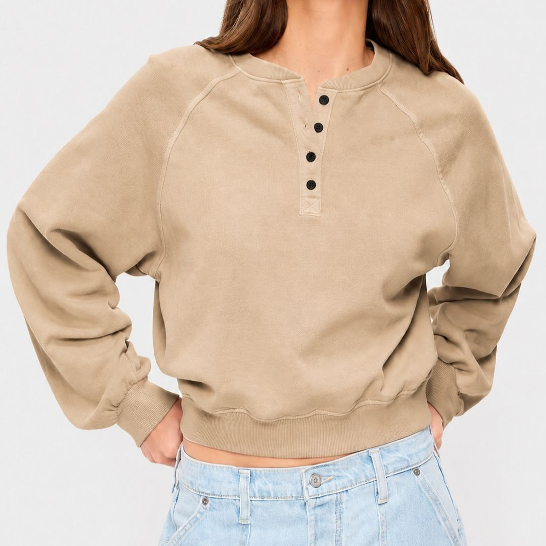 Womens Crew-neck Button-up Sweatshirt Loose-fit Casual Cropped Top by Ricaloux