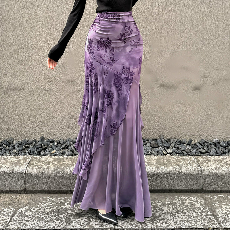 Irregular Purple Floral-print Mesh Patchwork Skirt by Ricaloux