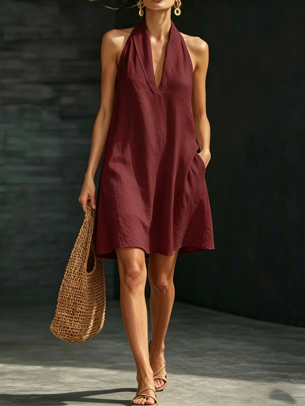 Casual Short Solid-color V-neck Dress by Ricaloux